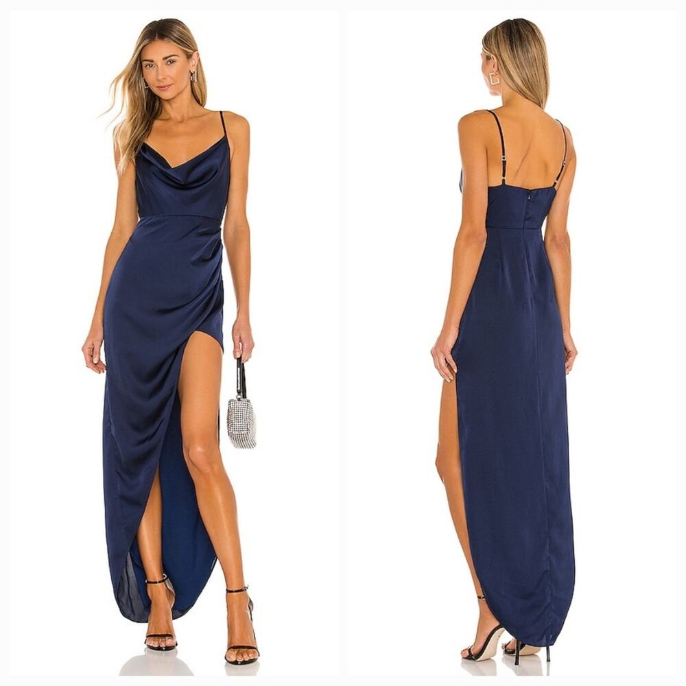 NBD Navy Blue Satin Cowl Neck Maxi Dress with High Slit